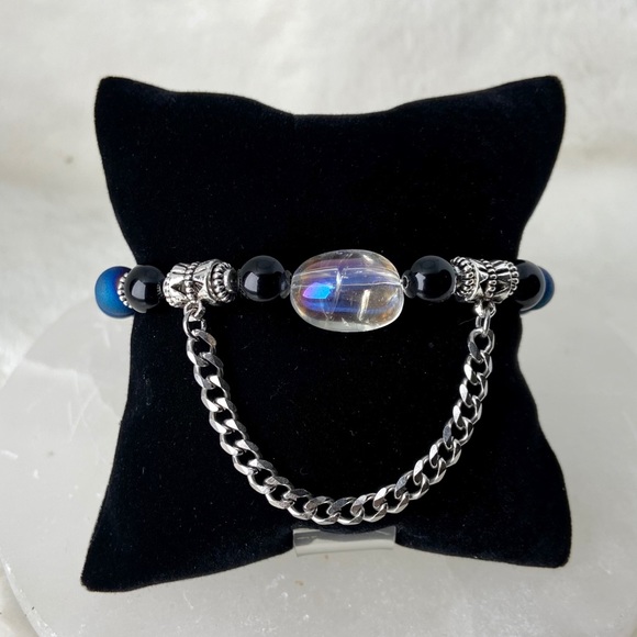 Aura crystal + blue druzy quartz & onyx + chain - Picture 4 of 12